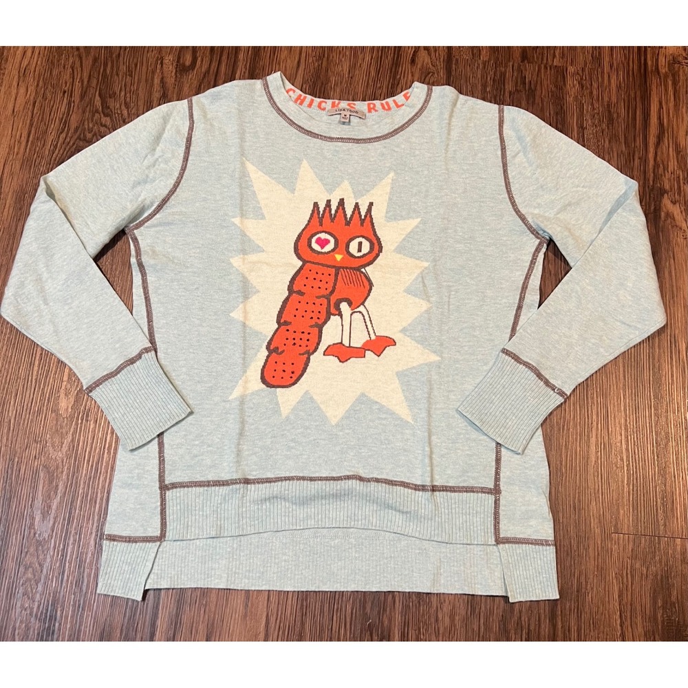 Lisa Todd Chicks Rule Cotton Cashmere Bird Graphic Sweater Blue Size M